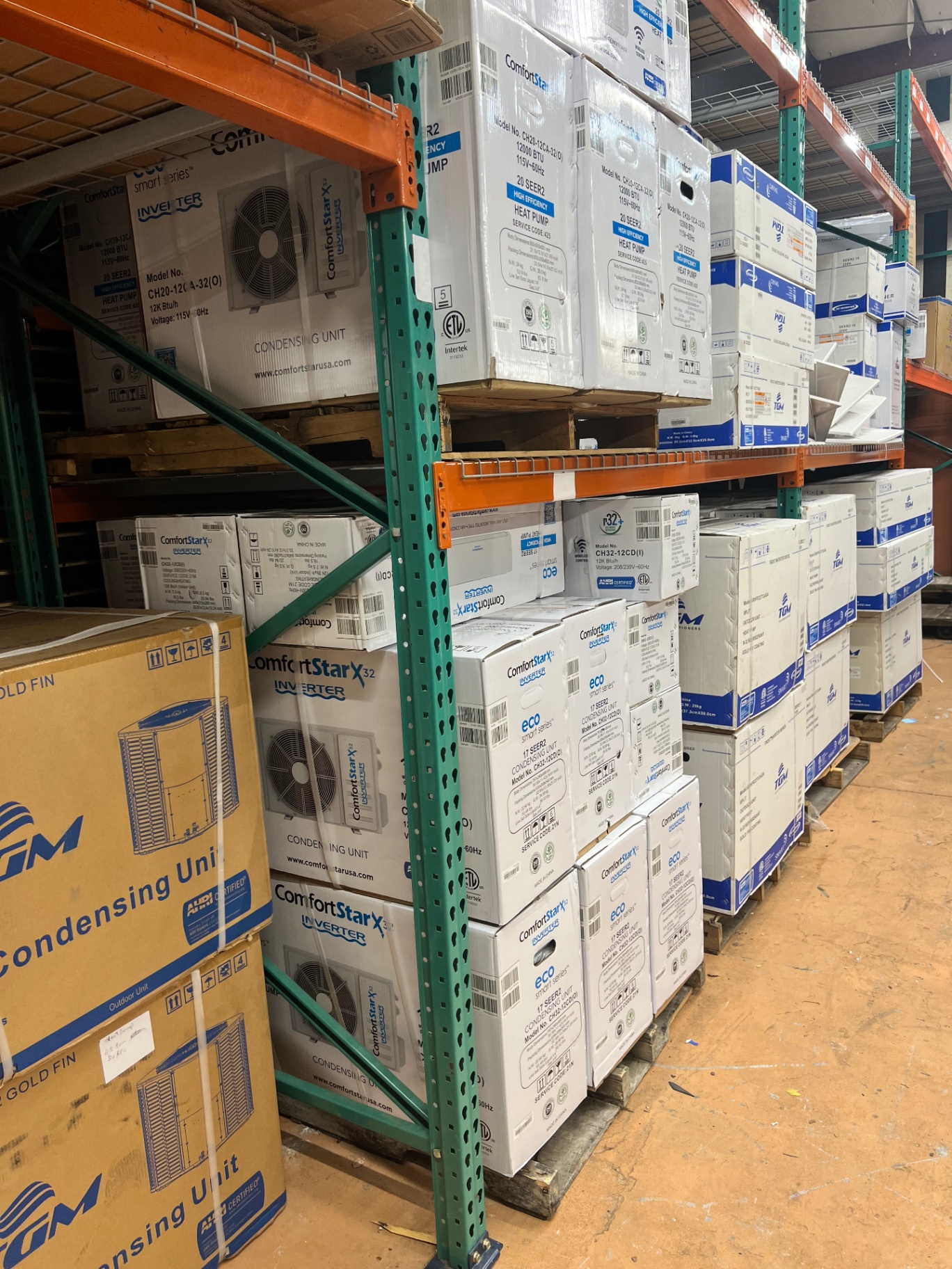 ComfortStar and TGM mini split systems stocked on racks at AirPrime Distribution